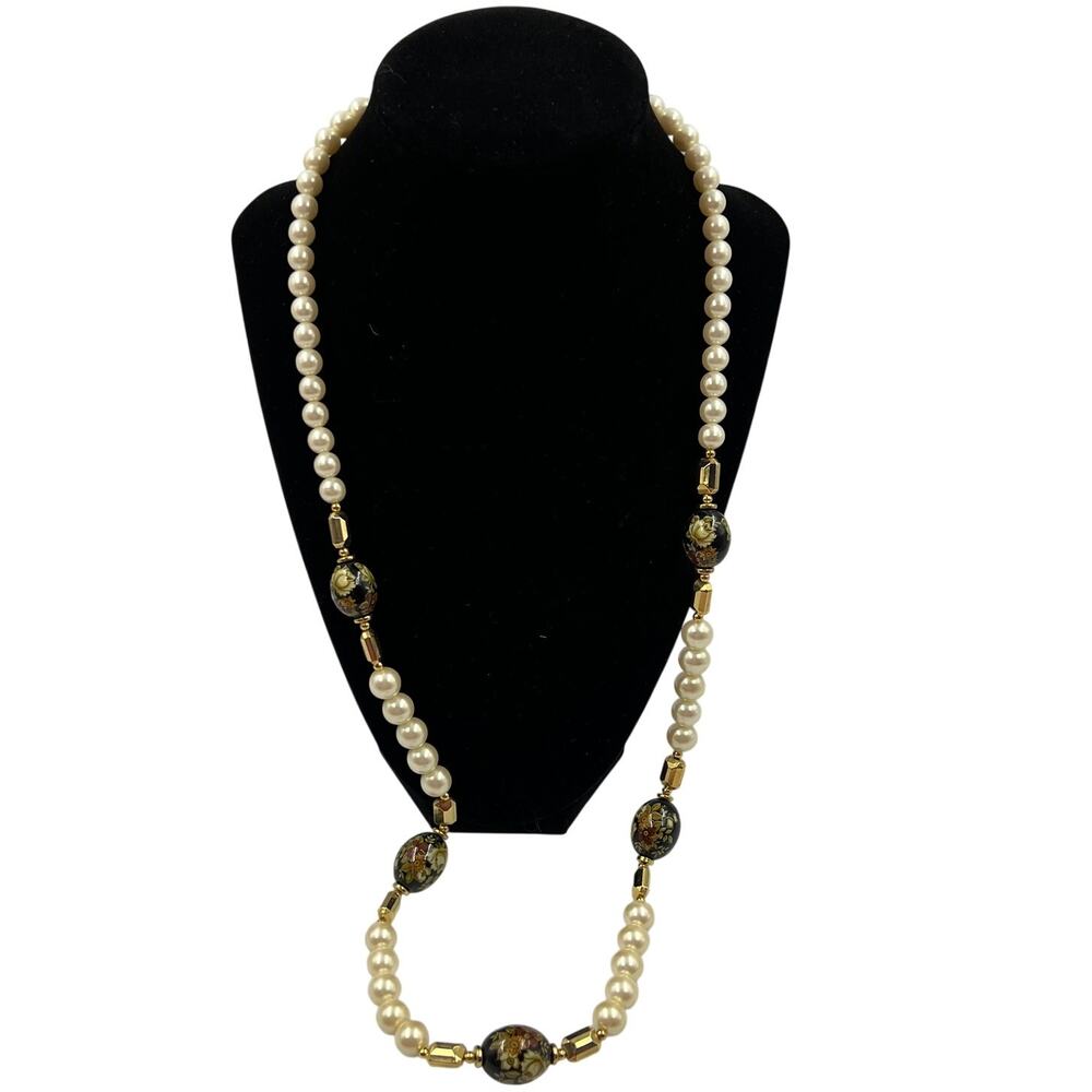 Vintage Flapper Japanese White Faux Pearl Bead Black Rose Flower Enamel Necklace